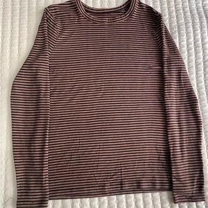 Brown, striped, long sleeves, woman shirt.